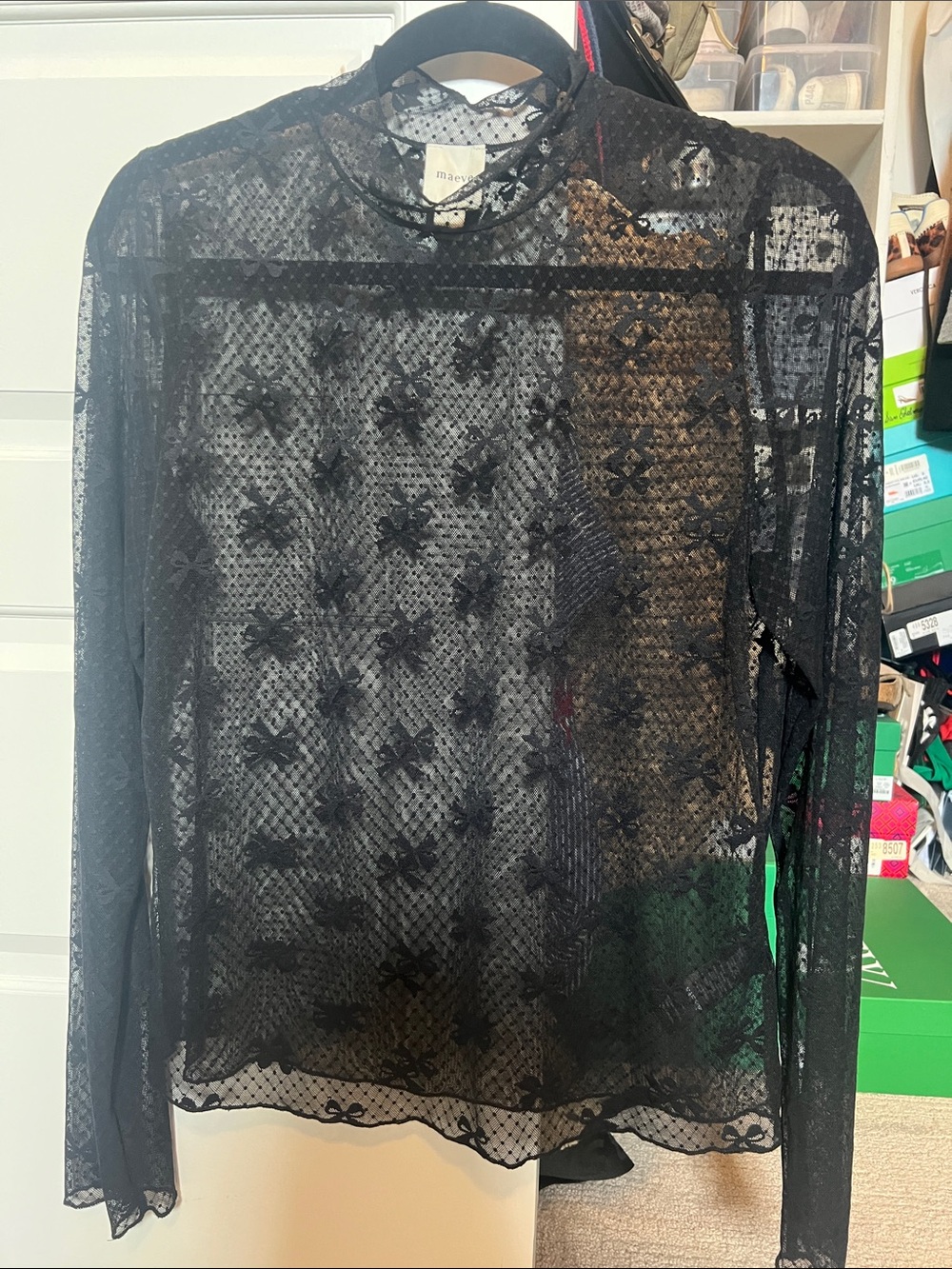 Maeve Black Sheer Lace Long-Sleeve Top